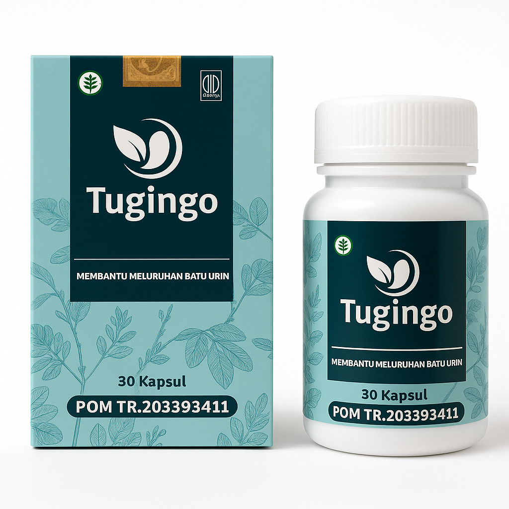 Kemasan TUGINGO — kotak dan botol berisi 30 kapsul herbal, membantu meluruhkan batu urin