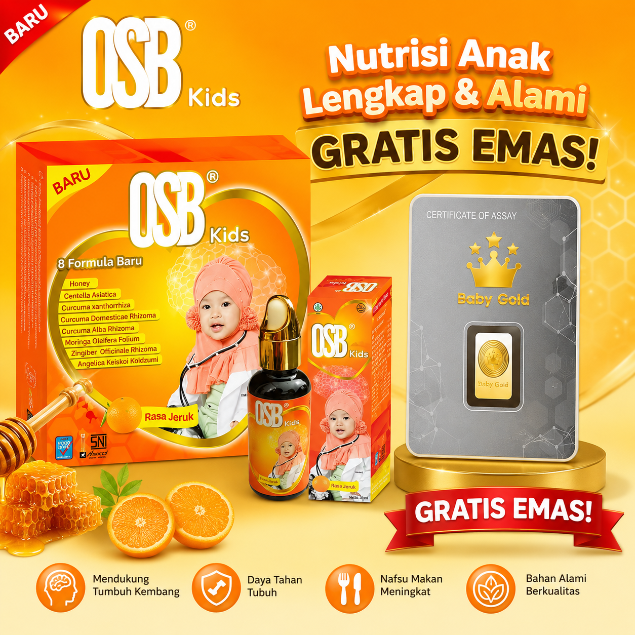 OSB Kids Sirup rasa jeruk — beli OSB Kids gratis Emas bersertifikat