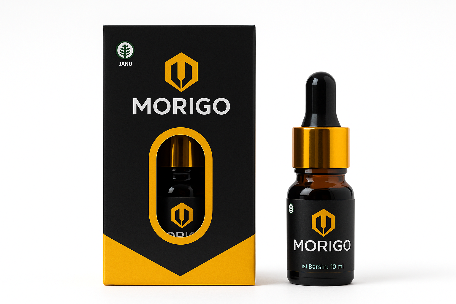 Produk Morigo — kemasan premium dan botol tetes herbal 10 ml berisi propolis, habbatussauda, daun kelor, dan minyak zaitun