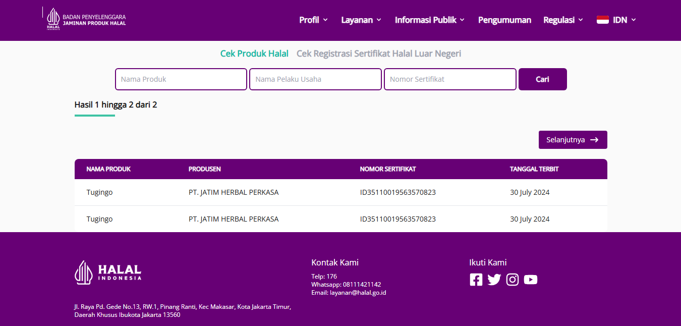 Sertifikat Halal produk TUGINGO